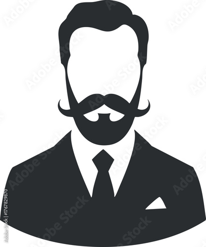 Stylized illustration of a confident man in a suit and tie with a mustache