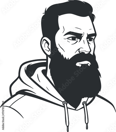 Stylized portrait of a man with a beard wearing a hoodie and showing a confident expression.