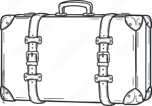 A detailed illustration of a vintage suitcase with straps and buckles for travel.