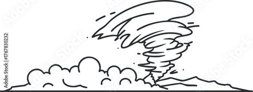 A hand-drawn illustration of a volcanic eruption with smoke and ash clouds.