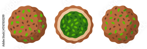 Savory hand pie icons, green pea filling centers, crunchy pastry rounds, bakery snack clipart, vector illustration, isolated