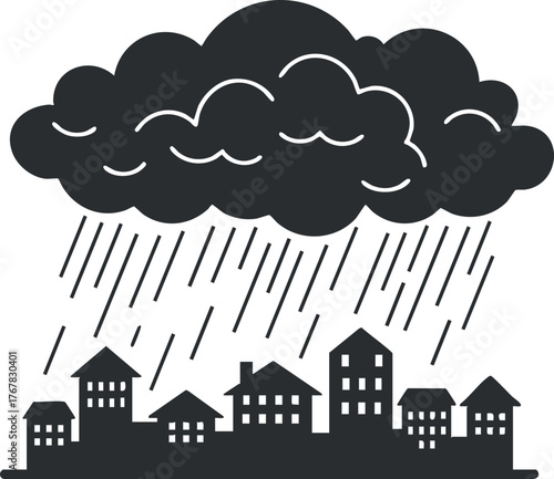 Illustration of a stormy weather scene with rain falling over a city skyline.