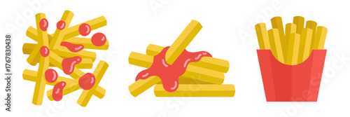 Festival street food, french fries serving, skewered sausage with ketchup drizzle, fast snack illustration, casual takeaway meal vector