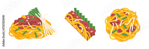 Wok tossed noodles, saucy pasta plate, handheld wrap with filling, fast food illustration set, street cuisine vector, isolated