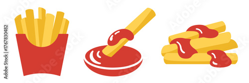 Crispy french fries set, dipping into ketchup swirl, sauced sticks pile, snack bar menu, street food vector