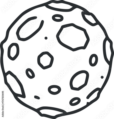 Illustration of a stylized moon or asteroid with a rocky surface and irregular shapes.