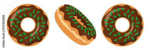 Green sprinkled donuts and chocolate eclair pastry, sweet dessert icons, bakery treats collection, vector clipart, delicious snack