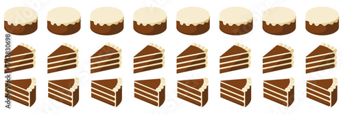 Assorted cake pattern row, repeated layered slices and small rounds, dessert background elements, seamless style accents, vector set