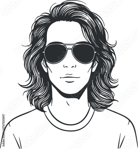 Stylish young man with long hair wearing sunglasses in a minimalist black and white illustration