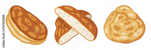 Flatbread variety set, rustic bakery icons, naan style rounds, stuffed paratha slice, golden crust, street food vector