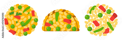 Assorted pizza rounds, different topping styles, cheesy crust collection, fast food icons, top view plates, editable vector artwork