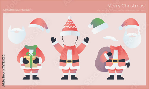 Christmas Santa costume vector set for photo booth and face swap template.