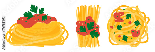 Spaghetti dishes collection, plate with sauce, pasta bundle tied, herbs garnish, delicious meal graphics, restaurant menu graphic