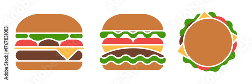 Burger collection, side and top views, sesame bun detail, beef patties, fresh lettuce, quick meal vector icons