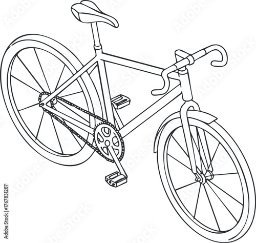 A detailed line drawing of a bicycle highlighting its essential components and design features.