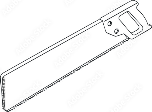 A simple outlined illustration of a hand saw designed for cutting wood in carpentry.