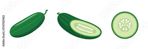 Cucumber duo, dark green fruit, one sliced tip, juicy cross section, nutrition design asset, kitchen vegetable icon vector