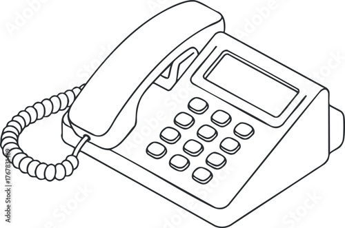 A sketch of a classic landline telephone with a keypad and coiled cord.