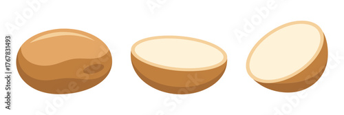 Potato icons, whole tuber, halved pieces, smooth peel texture, neutral kitchen ingredient, rustic farm vegetable, vector clipart