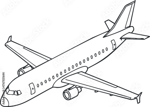 Outline illustration of a commercial airplane showcasing its design and features.