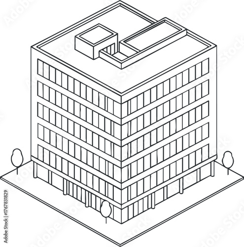 A detailed line art illustration of a modern office building with trees and geometric design.