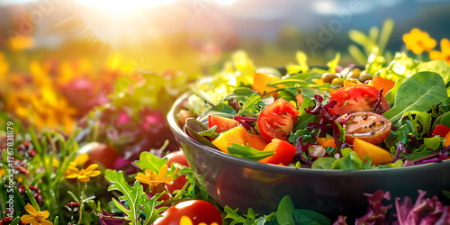 Fresh garden salad with tomatoes and greens outdoors