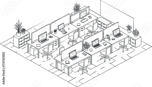A detailed illustration of a modern office workspace featuring cubicles and desks with computers.