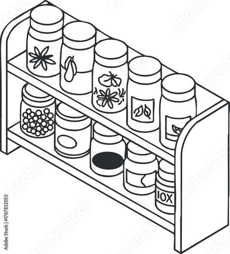 A simple and functional spice rack displaying various jars for kitchen organization and storage.