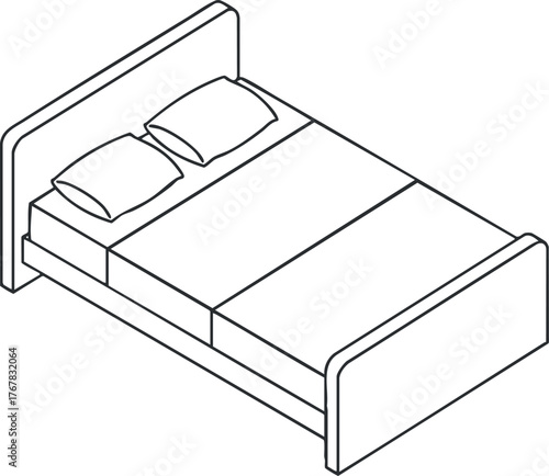 Illustration of a modern bed with pillows and a headboard in a minimalist style.