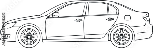 A side view illustration of a modern sedan car with detailed outlines and features.