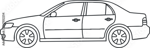 A simple black and white outline drawing of a sedan car viewed from the side.
