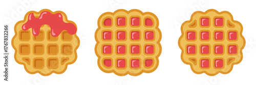 Round waffle collection, golden crisp edges, fruit jam center, warm brunch treats, comfort dessert illustration, cozy kitchen vector