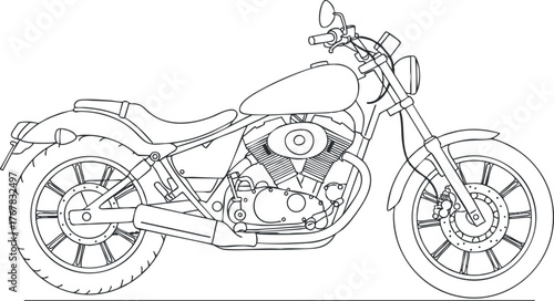 Illustration of a classic motorcycle in outline style showcasing its design and features.