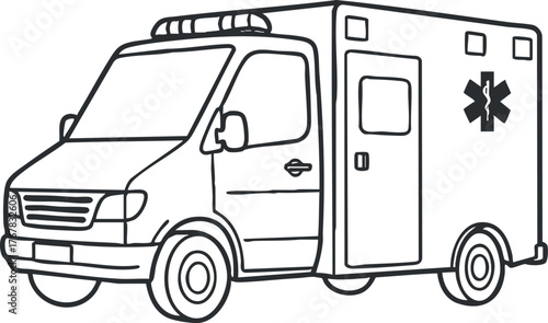 A detailed outline illustration of an ambulance vehicle used for emergency medical services.