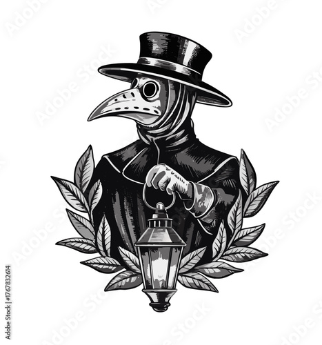 A black and white illustration of a plague doctor in a
traditional medieval medical mask with a long beak and curved nose piece