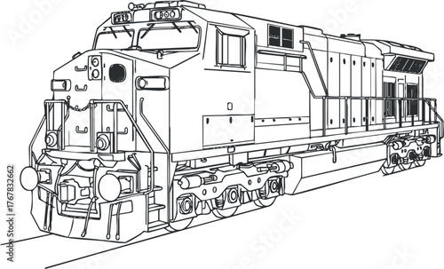 Outline drawing of a freight train locomotive showcasing its detailed design and structure.