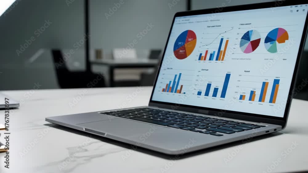 Laptop displaying financial data with charts and graphs on modern ...