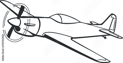 A stylish outline illustration of a flying airplane with a propeller in motion