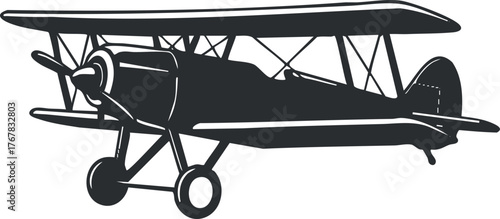 A vintage biplane illustration in black and white, showcasing classic aviation design.