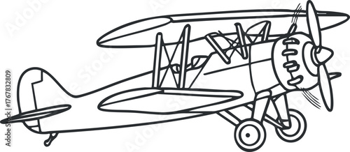 A detailed line drawing of a classic biplane showcasing its design and structure.