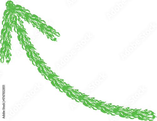 Green textured curved arrow. Hand-drawn upward pointer design. Organic sketch arrow art for creative direction layouts and modern graphic projects.