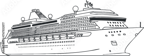 Illustration of a large cruise ship on the ocean showcasing its design and features.