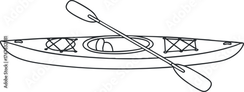 A simple line drawing of a kayak with a paddle resting on top, ideal for outdoor themes.