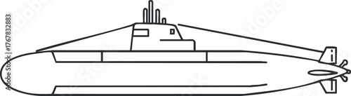 Outline illustration of a submarine designed for military and naval operations in the ocean.