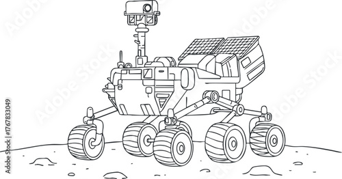A detailed line art illustration of a Mars rover on the surface of the planet.