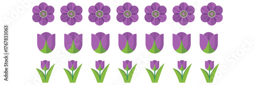 Violet blossoms row, leafy stems collection, growth stages pattern, decorative garden border, spring florals lineup, elegant vector illustration