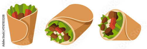 Wrap sandwich icons, stuffed tortilla roll, paper cone snack, fresh salad filling, street food vector, isolated clipart