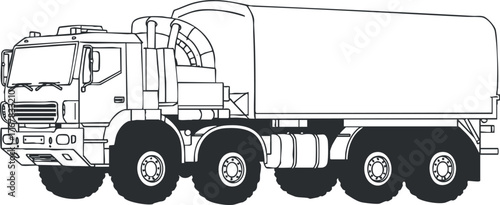 Illustration of a heavy-duty truck designed for transporting cargo or liquids in construction.