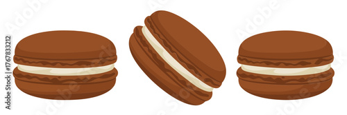 Dark chocolate macarons, rich cocoa sandwich cookies, gourmet patisserie dessert icons, indulgent sweets illustration, bakery vector