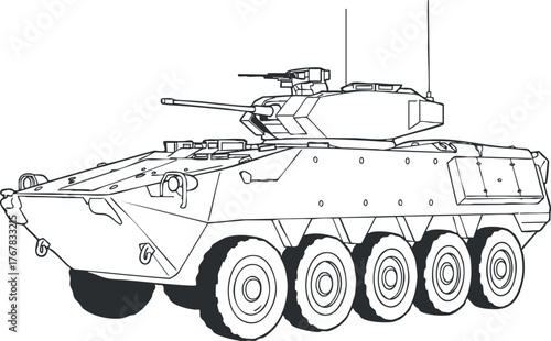 Detailed line art illustration of a military armored tank on wheels.